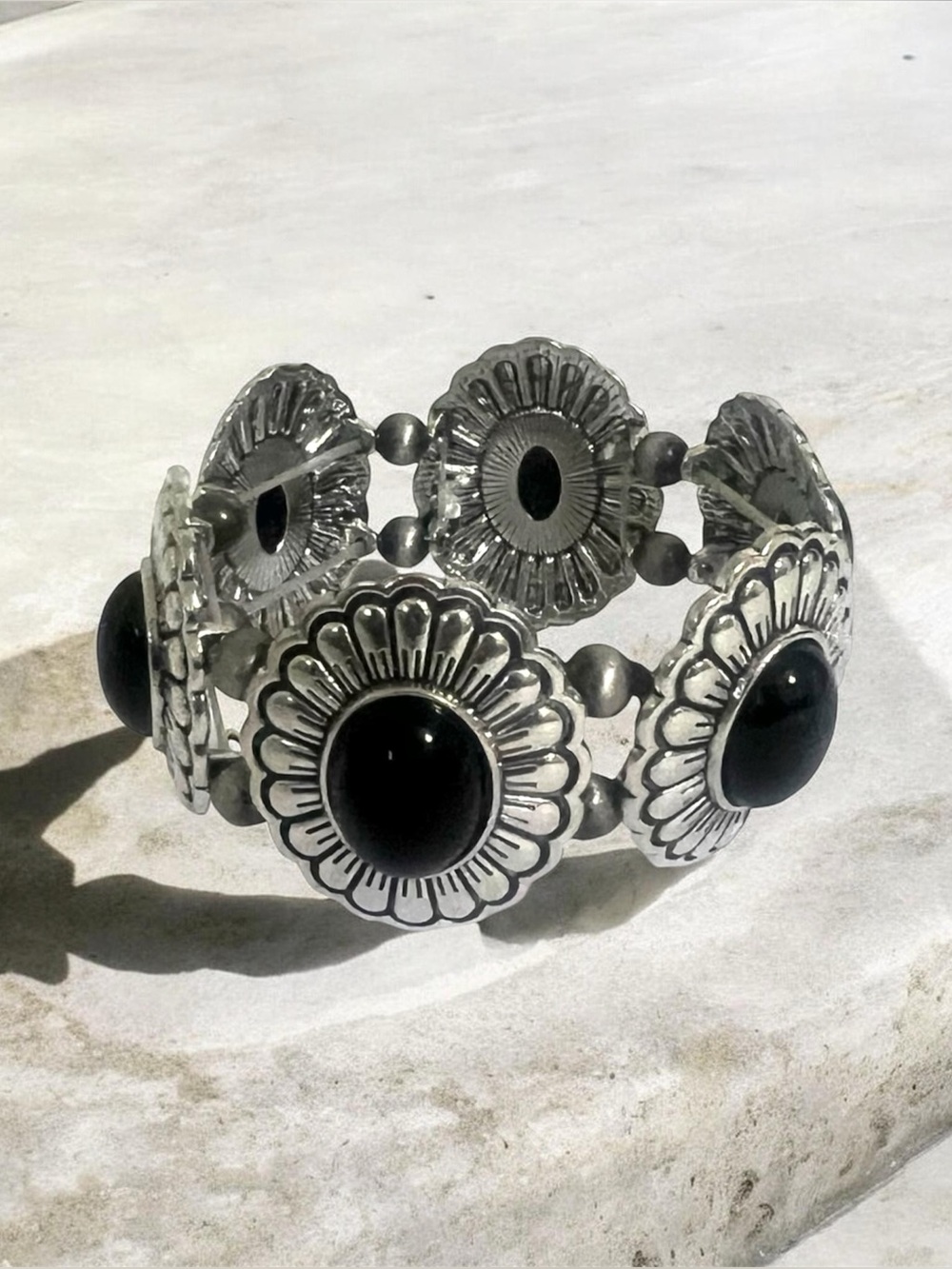 Silver-Tone Black Stone Floral Stretch Bracelet